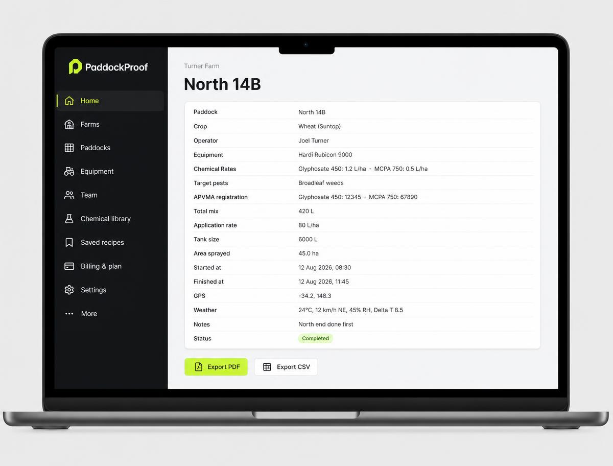 PaddockProof completed spray log record on a laptop showing chemical rates, target pests, APVMA registration, and export buttons